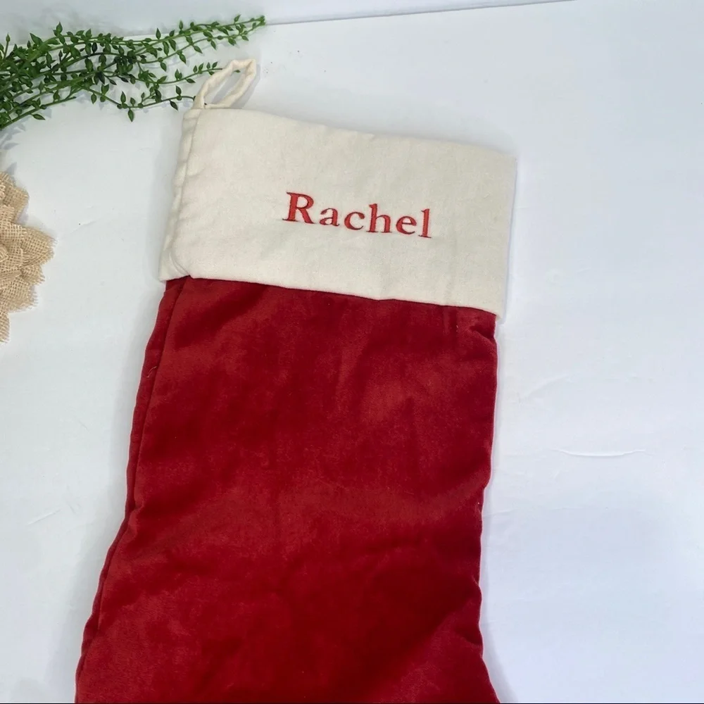 Pottery Barn Red Velvet Embroidered Christmas Stocking RACHEL Medium Size
